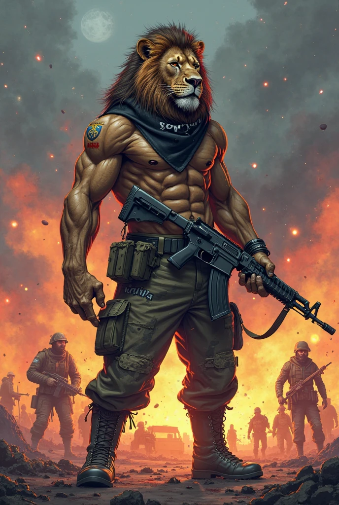 male anthro lion, concept art, feet, strong eyes, pecs, abs, nipples, unbuckled, unbuttoned pants, underwear, military