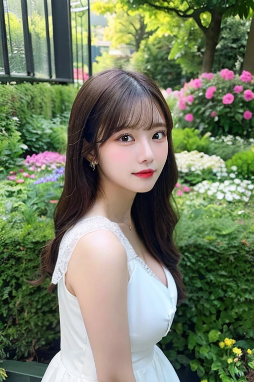 (real, High resolution:1.3), One girl with a perfect body,16 years old, Very beautiful face and eyes,Landscape、Long Hair,bangs, White blouse dress:1.2,The background is covered with white flowers,Cosmetics advertising