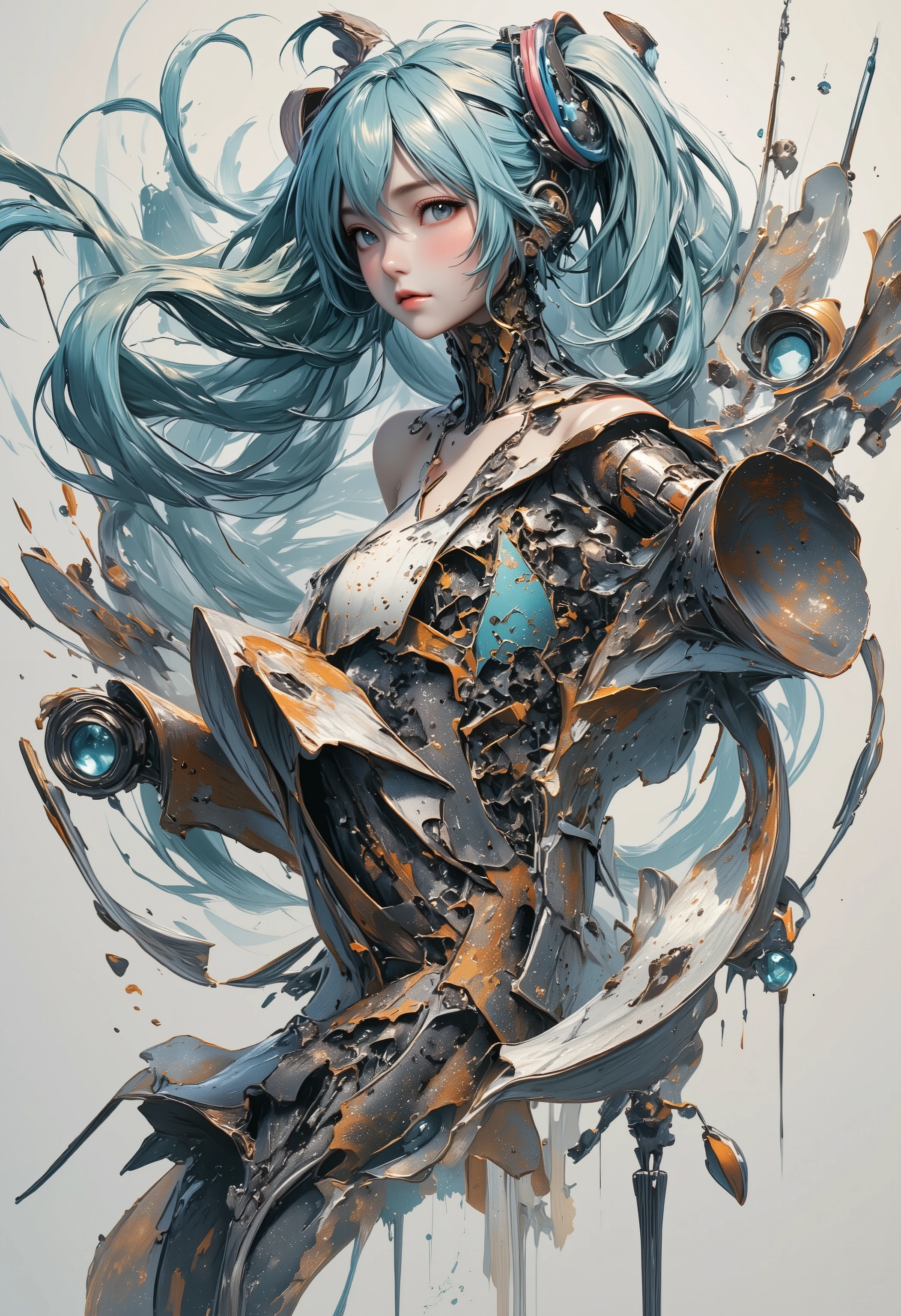 "Photorealistic Hatsune Miku design, exposed mechanical internals, oxidized layers with rust gradient, leaking hydraulic tubes with wear marks, welding burn textures, deep scratch indentations, peeling paint stratification, corroded gear joints, oil stain deposits, matte metal subsurface scattering, slate blue with iron oxide hues, volumetric soft ambient lighting"
