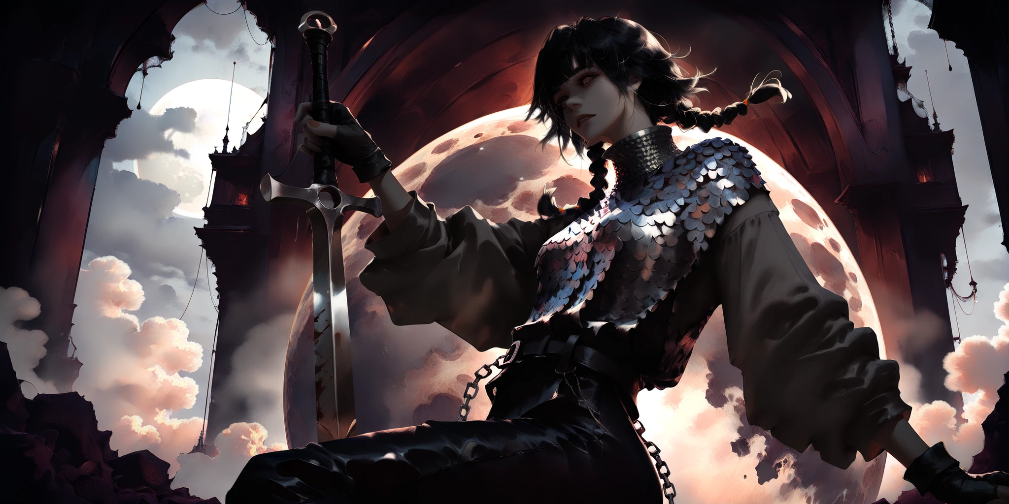 artist: wlop, masterpiece, best quality, illustration, a vampire woman, beautiful woman, European facial features, Caucasian, small breasts, shoulder length black hair, small braids, red irises, detailed face, loose fitting leather pants, female wearing very loose fitting high waist black leather pants with a black belt, and a (thick gray long-sleeved chainmail shirt with a high neck), black leather combat boots and fingerless gloves, tall-looking, fantasy, holding iron sword, perfect anatomy, detailed, lighting, colorful, slim body, fit body, ideal ratio body proportions, tall, Realistic Shadows, regular steel sword, steel sword, normal steel sword, detailed face, detailed eyes, epic, chain mail long sleeve shirt, high neck chainmail shirt, chainmail long sleeve shirt, top fully covering upper body, fully covered upper body, highly detailed, dark colours, cool pose, upper body portrait, cinematic portrait, background splash artwork, videogame style background, game style artwork background, illustration style background, cinematic background, cinematic lighting, interesting background, themed background, epic background, melancholic background, moon in background, clouds in background, bloody background, detailed background, immersive background, eye catching background, unique background, detailed eyes, Official Art,