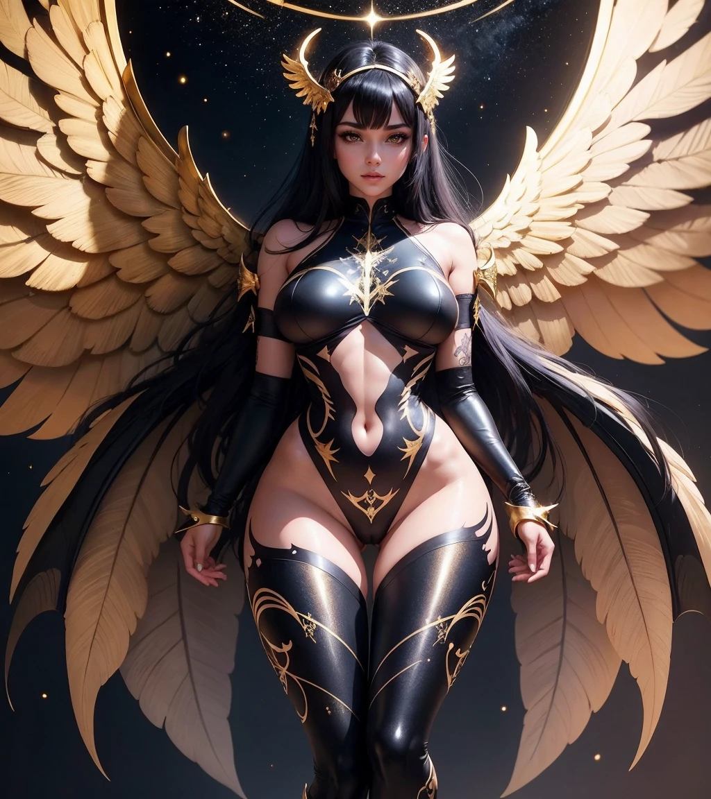1girl, solo, Jean Grey of X-men, high leg cut out unitard of black and gold, boob window in unitard, ((thighs showing)), ((calf-high boots)), (color mandala tattoos on thighs:1.37), wings on hips, floating in space, arms out in power pose, contrapposto stance, dramatically colorful cosmic background, moody lighting, 16k, best quality, masterpiece, (wide angle:1.27), full length portrait