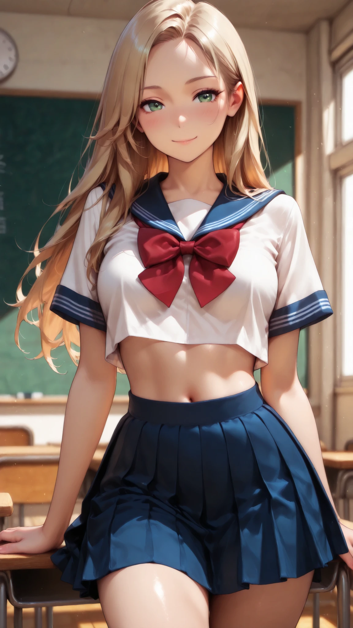 masterpiece, best quality, vibrant, very aesthetic, high contrast, semirealistic, newest, cinematic-lightning, slender, breasts, 1girl, cowboy shot, detailed green eyes, smile, semi-long hair, blonde silky hair, forehead, sliced back hair, navel, Captivating thighs, knee, classroom, (sheer crop top white shirt), sailor suit,suit made of textured fabric with fine stitching, summer style with light fabric, red bowtie,blue pleated skirt,