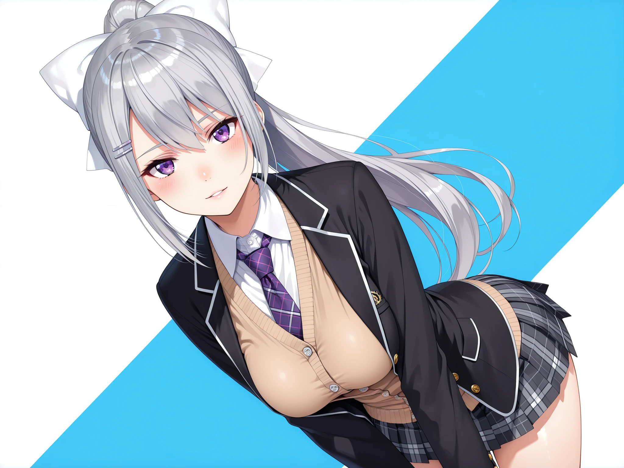 masterpiece、best quality, amazing quality, highres, absurdres, very aesthetic, high resolution, ultra detailed, perfect details,nijikaede,large breasts,purple eye,grey hair,long eyelashes,long hair,ponytail,white bow,hair pin,nijikaedecos,white shirt,purple necktie,plaid necktie,brown cardigan,button cardigan,blazer jacket,black jacket,open jacket,miniskirt,pleated skirt,plaid skirt,light smile、tsurime,anime keyvisual,medium breasts,thick thighs,hanging breasts,look at viewer,parted lips