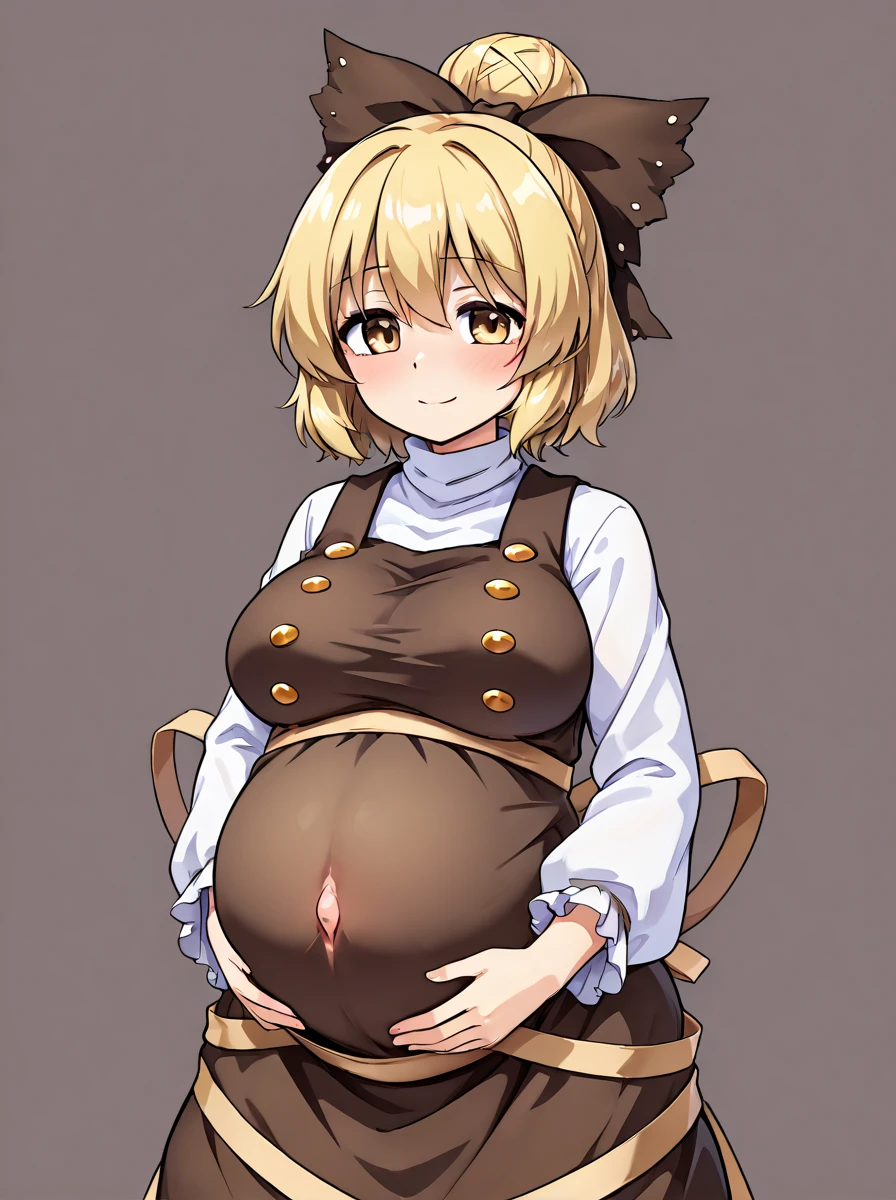 score_9, score_8_up, score_7_up, source_anime BREAK anisrnd, ahoge, short hair, brown hair, mansion, room, big breasts, looking down, open mouth, smile, maid, big belly, hand on hip
