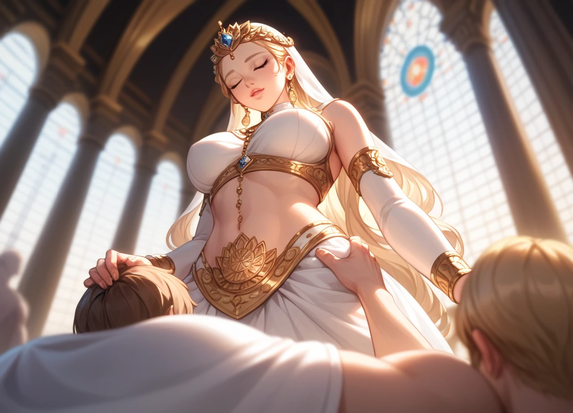 (masterpiece, highly detailed:1.2), 1girl, sarielx, heterochromia, braided ponytail, head wings, braided bangs, fantasy landscape, soft particles, gold armor, sideboob, underboob, gold skirt, gold gauntlets, head chain, angel wings, Very embarrassed, blush, Amazing, finely detail, multiple old mans, standing, large breasts, ultra-detailed, rodo, (old worker), retired, 2old mans, surrounded by old men, multiple boys, hetero, breast grab, breast grab from behind, She is shorter than the old man., blue sky, grassland, Mumu, Exposed nipples, (Men and women are the same height:1.5), groping, smile, (French kiss with an old man:1.5), close-up, cowboy shot, best quality