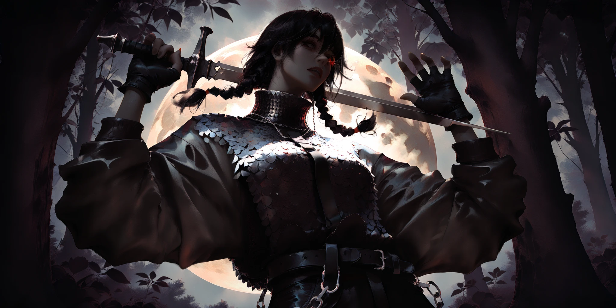 artist: wlop, masterpiece, best quality, illustration, a vampire woman, beautiful woman, European facial features, Caucasian, small breasts, shoulder length black hair, small braids, red irises, detailed face, loose fitting leather pants, female wearing very loose fitting high waist black leather pants with a black belt, and a (thick gray long-sleeved chainmail shirt with a high neck), black leather combat boots and fingerless gloves, tall-looking, fantasy, holding iron sword, perfect anatomy, detailed, lighting, colorful, slim body, fit body, ideal ratio body proportions, tall, Realistic Shadows, regular steel sword, steel sword, normal steel sword, detailed face, detailed eyes, epic, chain mail long sleeve shirt, high neck chainmail shirt, chainmail long sleeve shirt, top fully covering upper body, fully covered upper body, highly detailed, dark colours, cool pose, upper body portrait, cinematic portrait, background splash artwork, videogame style background, game style artwork background, illustration style background, cinematic background, cinematic lighting, interesting background, themed background, epic background, melancholic background, moon in background, forest with leaves in background, bloody background, detailed background, immersive background, eye catching background, unique background, detailed eyes, Official Art,