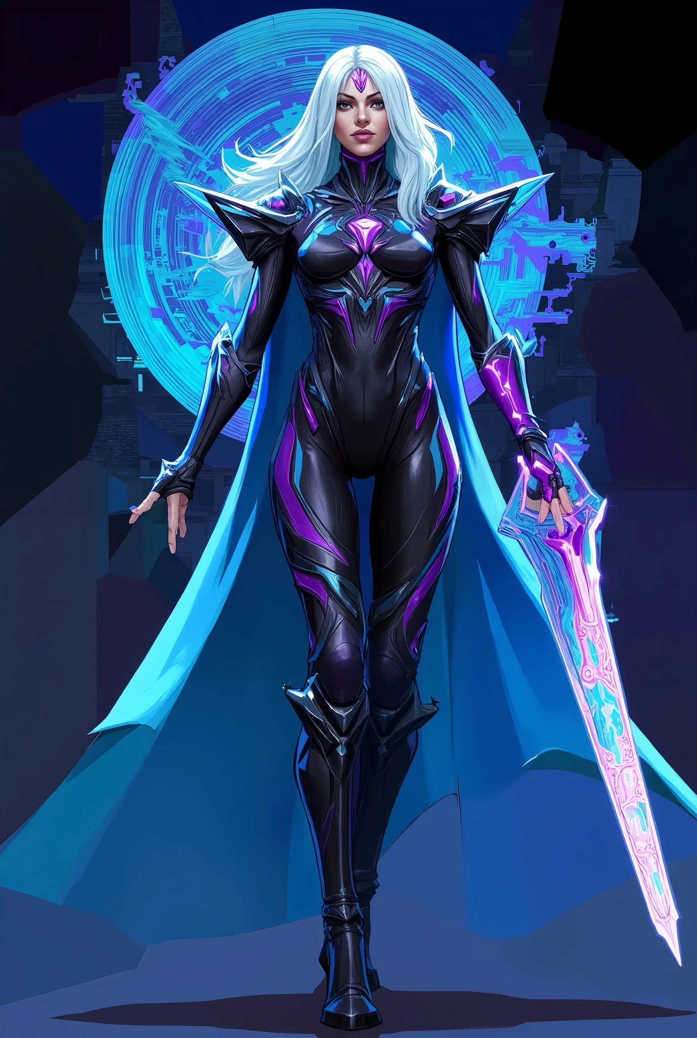 Magik – Hologlyph Sorceress Skin
Overall Concept:
• Magik fuses her mutant sorcery with high-tech holographics and cosmic cyber magic.
• She becomes a futuristic spellcaster, wielding a living, neon hologram Soulsword and commanding floating energy runes.
• Her look is sleek, dangerous, and visually hypnotic — a perfect mix of magic and cutting-edge sci-fi.
⸻
Head/Hair:
• Her iconic long platinum hair remains but now has holographic streaks shimmering in and out of visibility (shifting between pale blue, violet, and teal).
• A glowing glyph crown floats just slightly above her forehead — faint but constantly rotating.
• Eyes glow a faint bright cyan when casting abilities.
⸻
Outfit:
• Bodysuit made from shimmering black material with pulsing holographic lines tracing ancient magical patterns across her body.
• The suit features sharp angular armor plates over her shoulders, elbows, and knees — made of transparent “hard-light” material that refracts light like glass.
• Color Palette:
• Deep midnight black base
• Holographic glyphs and lines in vibrant neon cyan, violet, and electric blue
• Her midriff and forearms have floating runes hovering just off the skin, slowly spinning and pulsing with light.
⸻
Soulsword:
• The Soulsword is entirely reimagined as a giant holographic blade.
• Outline: Solid neon blue with inner circuits resembling magic runes.
• The blade occasionally glitches slightly, as if it’s both magic and unstable tech.
• When she swings it, it leaves dazzling after-images of glyphs in the air.
⸻
Cloak:
• A half-cloak made of projected light particles that ripples behind her like a digital flame.
• Appears only when dashing, teleporting, or during ultimate activation.
• Shifts in color from blue to pink to purple depending on her movement speed. Full body view. Hala (Kree planet) in the background