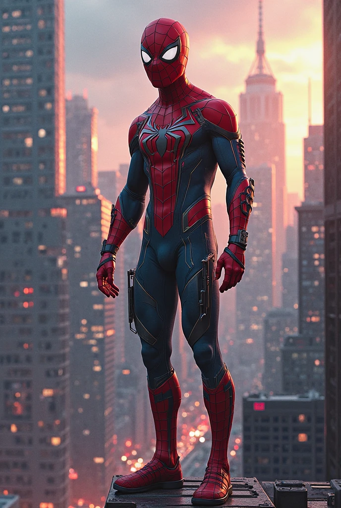 Get ready to witness the merging of the worlds of Spider-Man and Cyberpunk in one breathtaking image. Nesta obra-prima visual em 8K, You will be transported to a futuristic and dystopian environment, where the iconic Marvel hero gets a new look. O Homem-Aranha surge em uma paisagem urbana imponente, dominated by gigantic skyscrapers and holographic advertisements that shine brightly. The neon lights reflect off his cybernetic armor, creating a striking contrast between the hero's characteristic red and blue and the oppressive darkness of the environment. Seu traje, remodelado para se adequar ao estilo Cyberpunk, features metallic details and futuristic lines, combining functionality and futuristic aesthetics. The advanced fabric, adornado com circuitos luminosos, it seems to pulsate with electronic energy as Spider-Man prepares to face the challenges of this chaotic world. The surrounding city is full of characteristic elements of the Cyberpunk style, como carros voadores, cyber implan