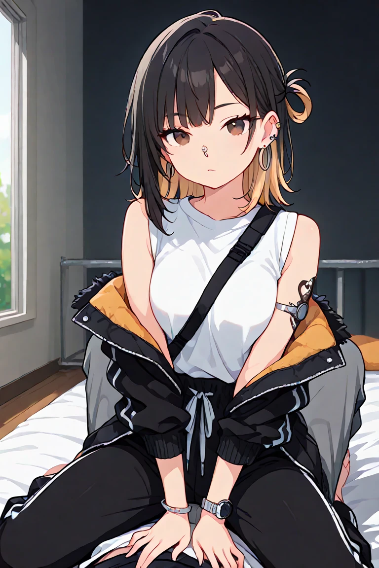mature women, hair over one eye, black hair, golden eyes, Tomboy, lying on stomach, hospital bed, hoodie, sweatshorts, large breasts, looking at viewer, hospital background, window