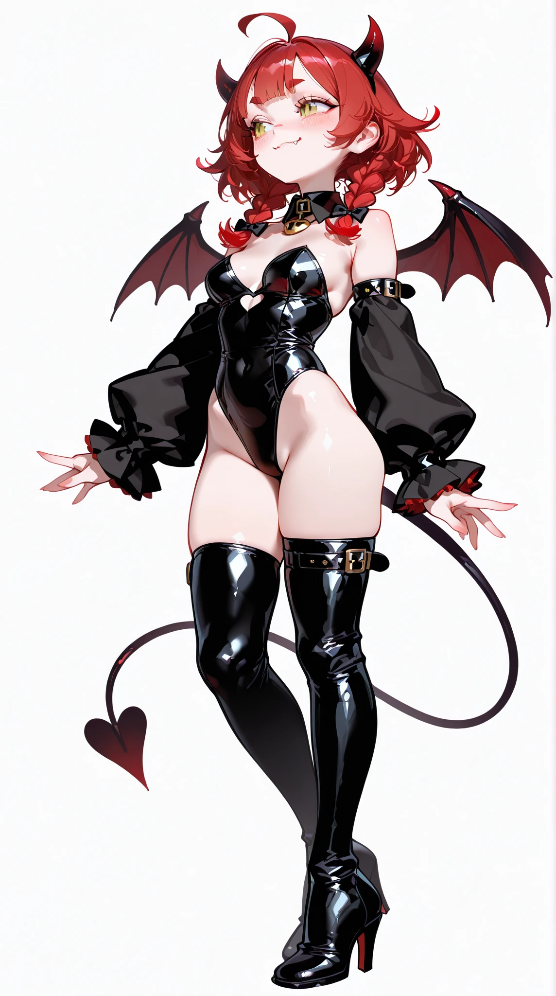 1 girl, dakimakura, standing up, Felix Argyle face, sexy succubus girl, latex bikini, latex gloves, cat girl, light brown hair, brown cat ears, brown cat tail, high heel boots, Best quality, masterpiece, red lipstick, detailed brown eyes, full body displayed, demon wings, small breasts, femboy body,