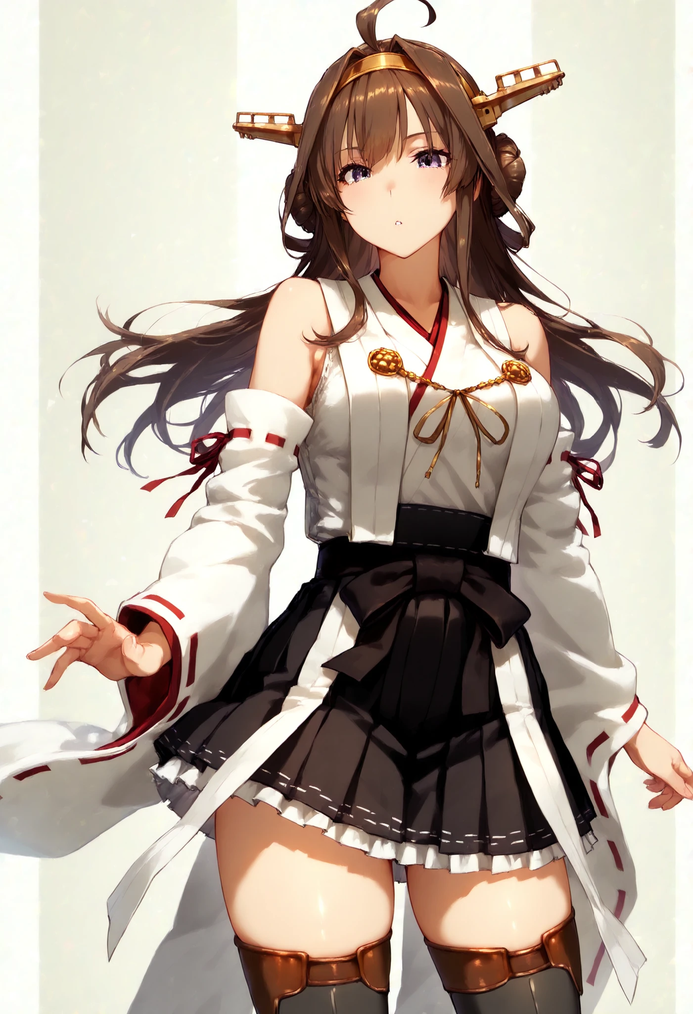 kongouKC,brown hair,long hair, thighhighs, ahoge, pleated skirt, hairband, detached sleeves,japanese clothes, black skirt, hair bun,double bun, headgear, thigh boots, ribbon trim, hakama, nontraditional miko, ribbon-trimmed sleeves