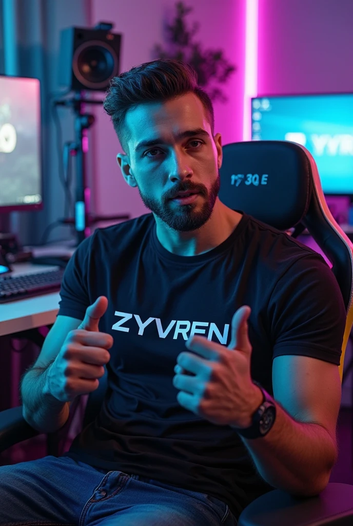 (best quality,4k,8k,highres,masterpiece:1.2),ultra-detailed,realistic,photorealistic:1.37,professional,vivid colors,sharp focus,studio lighting,bokeh,physically-based rendering

A 22 Year Old Handsome Boy Sitting straight On a Gaming Chair In Black Hoodie looking at the Camera

portrait,concept artists,close-up,medium,high definition

dark background,edgy lighting,comfortable 3D gaming chair,tech gadgets,blue LED lighting,modern atmosphere,neon accent,immersive gaming setup

black hoodie with intricate details,faded jeans with distressed texture,stylish sneakers with unique patterns,cool accessories like a watch and necklace,trendy hairstyle

energetic expression,mischievous smile,confident gaze,friendly demeanor,perfectly groomed beard,sporty build,tattoos on arms,striking appearance

color scheme: dark and moody with hints of electric blue and purple,contrast between shadows and highlights,saturated tones for a vibrant look

The prompt should look like:
"(best quality,4k,8k,highres,masterpiece:1.2),ultra-detailed,realistic,photorealistic:1.37,professional,vivid colors,sharp focus,studio lighting,bokeh,physically-based rendering,portrait,concept artists,close-up,medium,high definition,dark background,edgy lighting,comfortable 3D gaming chair,tech gadgets,blue LED lighting,modern atmosphere,neon accent,immersive gaming setup,black hoodie with intricate details,faded jeans with distressed texture,stylish sneakers with unique patterns,cool accessories like a watch and necklace,trendy hairstyle,energetic expression,mischievous smile,confident gaze,friendly demeanor,perfectly groomed beard,sporty build,tattoos on arms,striking appearance,color scheme: dark and moody with hints of electric blue and purple,contrast between shadows and highlights,saturated tones for a vibrant look"