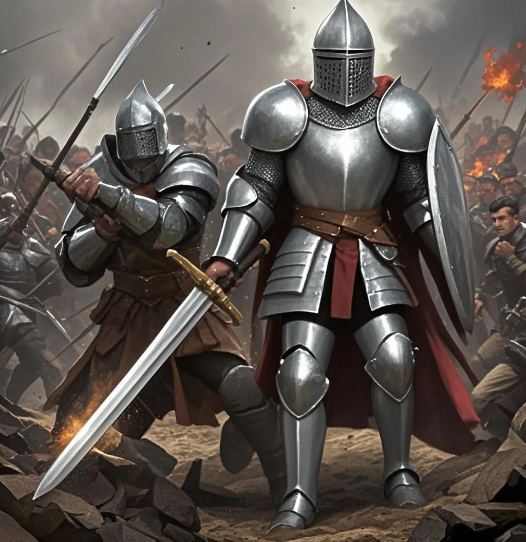 There is a man in armor ,fallen warrior on the ground, medieval fantasy battle, epic battle scene, knights in battle, epic biblical depiction, death is swallowed up in victory, medieval holy crusader knight, epic battle scene, holy crusader medieval knight, teutonic knight, holy crusader medieval, standing over a fallen foe