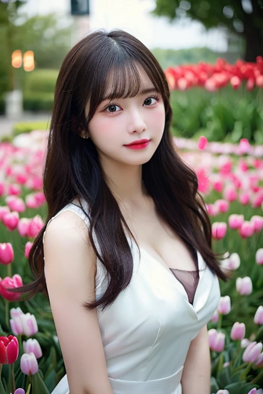 (masterpiece, Highest quality, 8K RAW Photos, Realistic:1.37), One girl, Upper Body, Korean, A light smile, Long Hair, Brown Hair, Mid-chest, Maid clothes, Green Diandre, Bunny Ear Band, Dynamic pose, Fascinating, Flowers, garden, wood, Dynamic Lighting, Detailed Background, Intricately detailed, In detail
