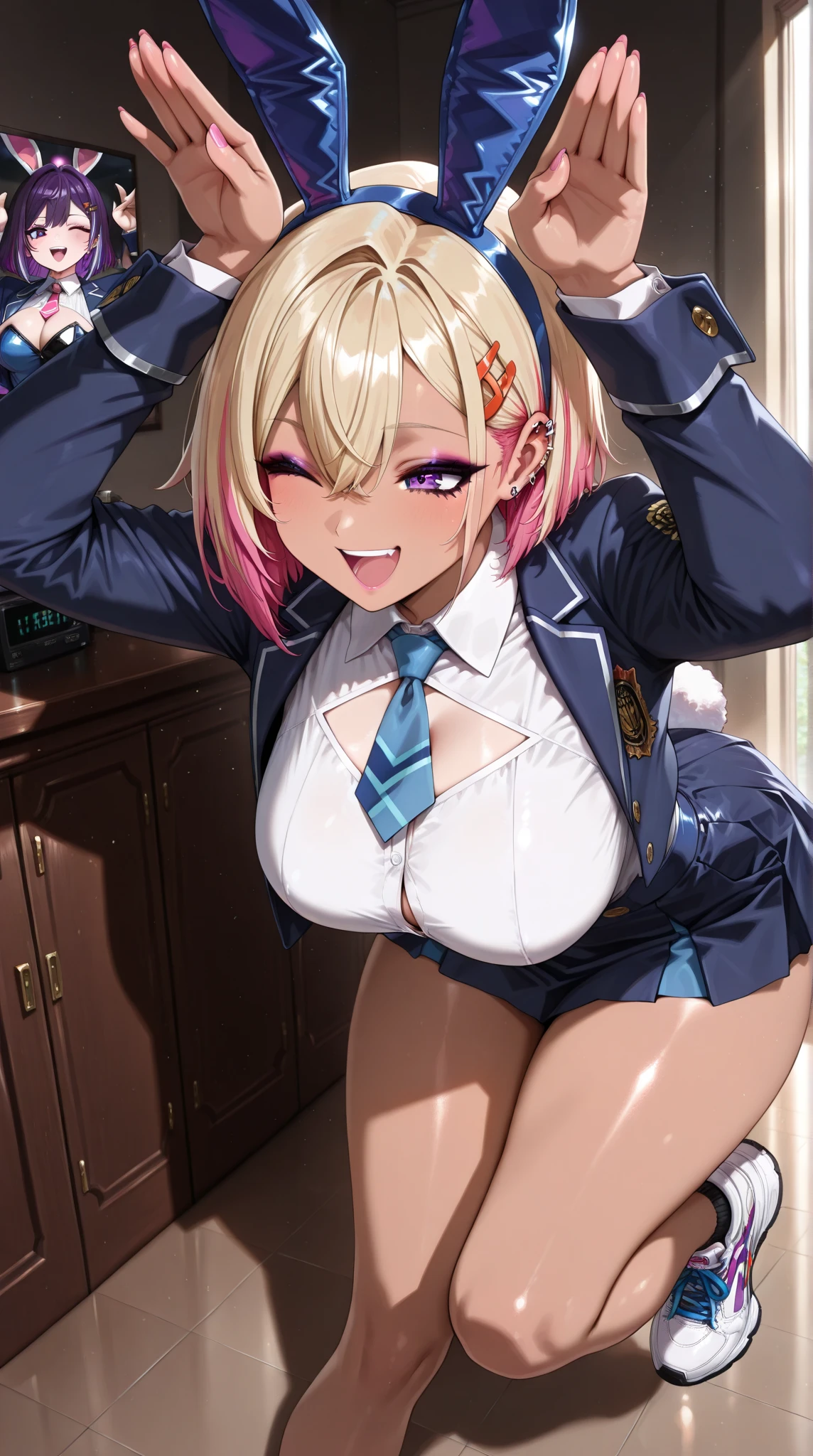(Tabletop, highest quality, Super detailed), One Girl, Purple eyes, Blonde Hair, Dark Skin, Twin tails、((policewoman))、((pantyhose))、Pencil Skirt、(Bedroom)、M-shaped sitting、(Hands behind head)、(Spread your legs)