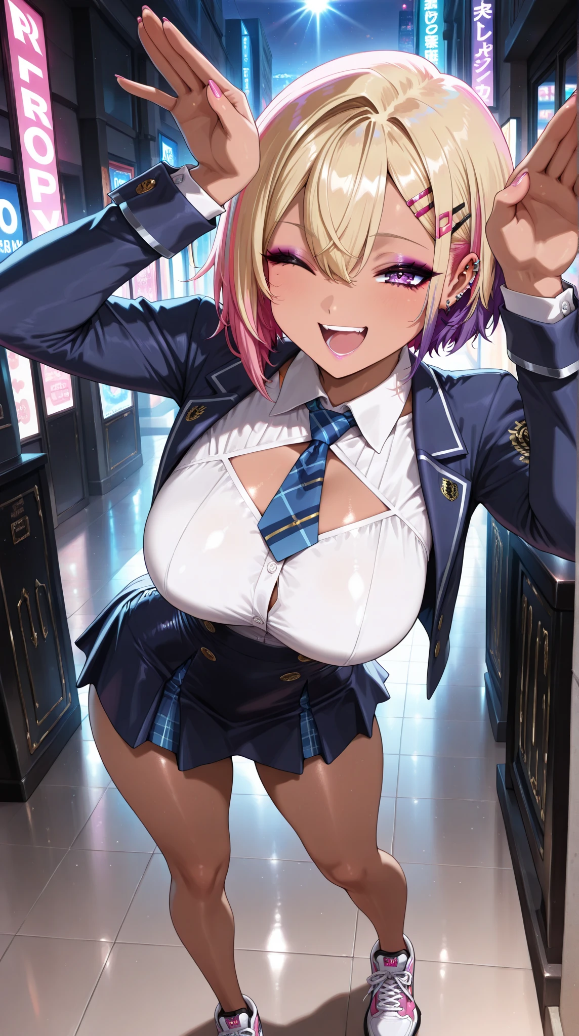 ((the best image quality、the best、1 girl、draw in detail))、Fushan1.3、
(((blonde:5、Dark Skinned Woman:5、shiny skin:1.5)))、((side ponytail、long hair、straight hair、pink ribbon))、((yellow eyes、active look))、big breasts、((evil smile:1.3、smile showing teeth、blush:1.3))、
((cleavage, jewelry, earrings, open clothes, tide shirt, shirt with tent, unbuttoned shirt, shirt knot、black stockings, See-through、pleated skirt, gal))、((school clothes、uniform、sailor suit、belly button、very short mini skirt、miniskirt showing panties)、((Show off your nails、Pink nails))、(Are standing)