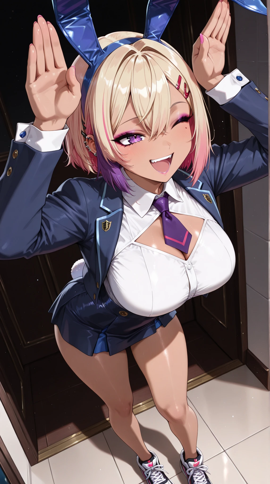Medium HAIR, ahoge, purple eyes, pink hair, 16years old,, large breasts, live stage, solo ,nipple, Blazer uniform, Blazer skirt