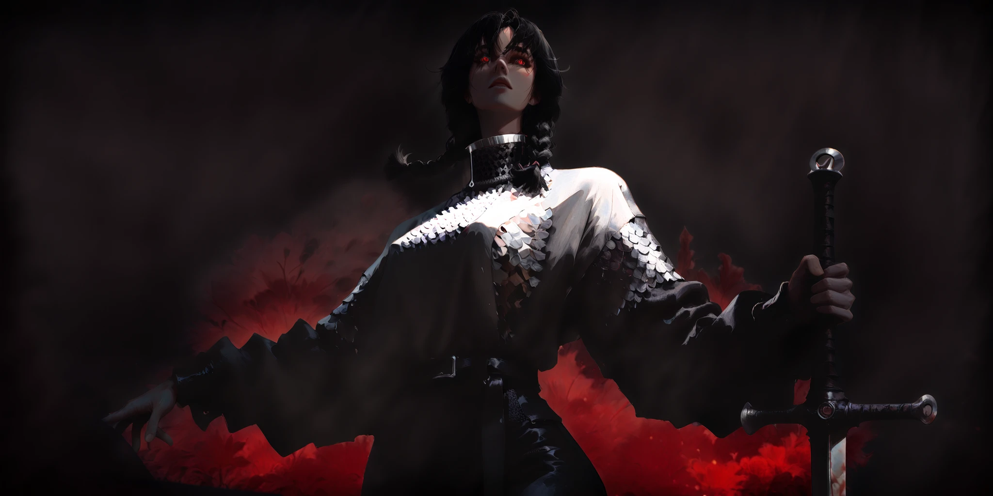 artist: wlop, masterpiece, best quality, illustration, a vampire woman, beautiful woman, European facial features, Caucasian, small breasts, shoulder length black hair, small braids, red irises, detailed face, loose fitting leather pants, female wearing very loose fitting high waist black leather pants with a black belt, and a (thick gray long-sleeved chainmail shirt with a high neck), black leather combat boots and fingerless gloves, tall-looking, fantasy, holding iron sword, perfect anatomy, detailed, lighting, colorful, slim body, fit body, ideal ratio body proportions, tall, Realistic Shadows, regular steel sword, steel sword, normal steel sword, detailed face, detailed eyes, epic, chain mail long sleeve shirt, high neck chainmail shirt, chainmail long sleeve shirt, top fully covering upper body, fully covered upper body, highly detailed, dark colours, cool pose, upper body portrait, cinematic portrait, background splash artwork, videogame style background, game style artwork background, illustration style background, cinematic background, cinematic lighting, interesting background, themed background, epic background, melancholic background, night sky in background, forest with different colored leaves in background, bloody background, detailed background, immersive background, eye catching background, unique background, detailed eyes, Official Art,
