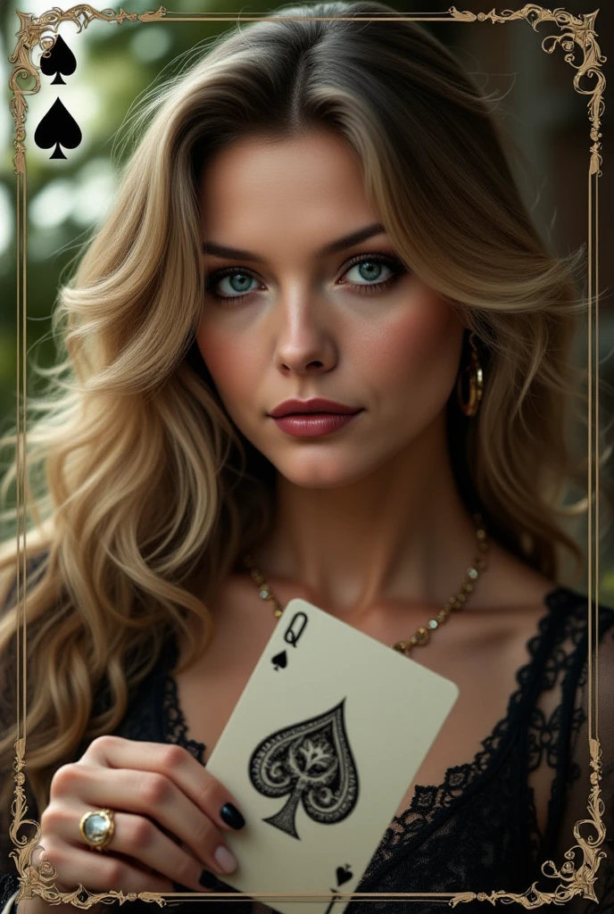 Purple, golden, and black theme colors, golden crown, purple gems, beautiful girl, holding ace of spades card in hand, no background