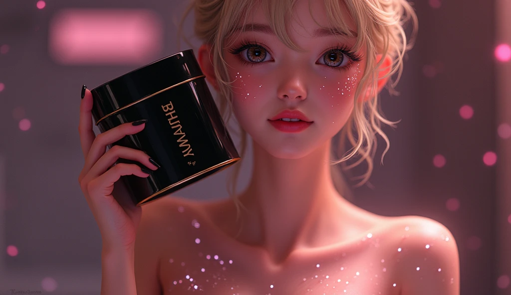 Real women, she is Blonde with short hair, she has an hourglass figure, she has a surreal, hentai-like physique, with exaggerated curves that showcase large buttocks and voluminous breasts.

 real live

She wears a minimalist, almost translucent outfit that highlights her natural radiance and evokes purity and innovation. In her hand, she holds the SpermaGlow jar, whose sleek, futuristic design catches the light, bringing out her luxurious allure.
In the background, an abstract landscape evokes a blend of nature and technology, with soft colors of green and gold, symbolizing the fusion between the natural and the innovative. Cell and DNA motifs are subtly outlined, insinuating the product's unique origin without being too explicit.
At the top of the poster, in bold, contemporary letters, the eye-catching slogan: “Reveal your intrinsic youth.” Just below, a catchy phrase completes the message: “Science meets beauty, for a radiance that defies time.”