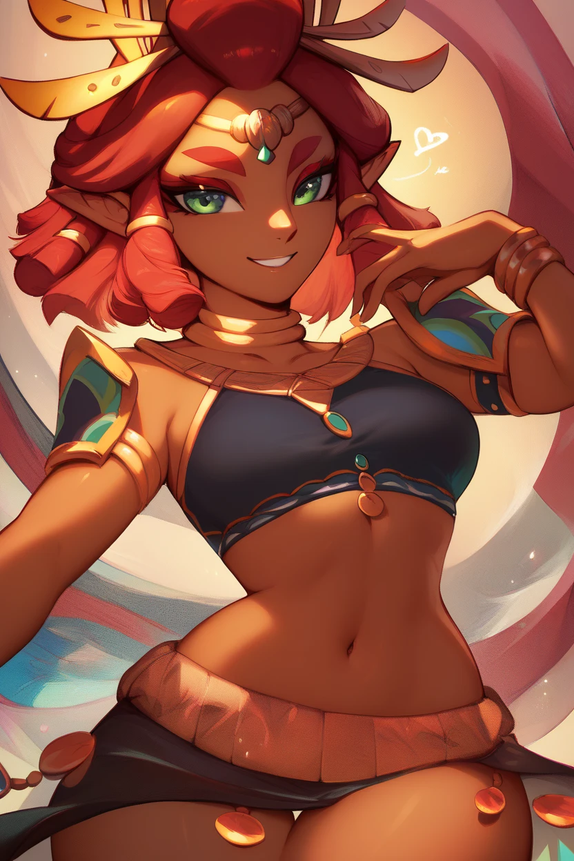 ((masterpiece,best quality)), absurdres, <lora:Nabooru_Zelda_Anime:0.8>, Nabooru_Zelda, pink pants, dark skin, long pony tail solo, smiling, looking at viewer, cowboy shot, from behind, butt, desert background,