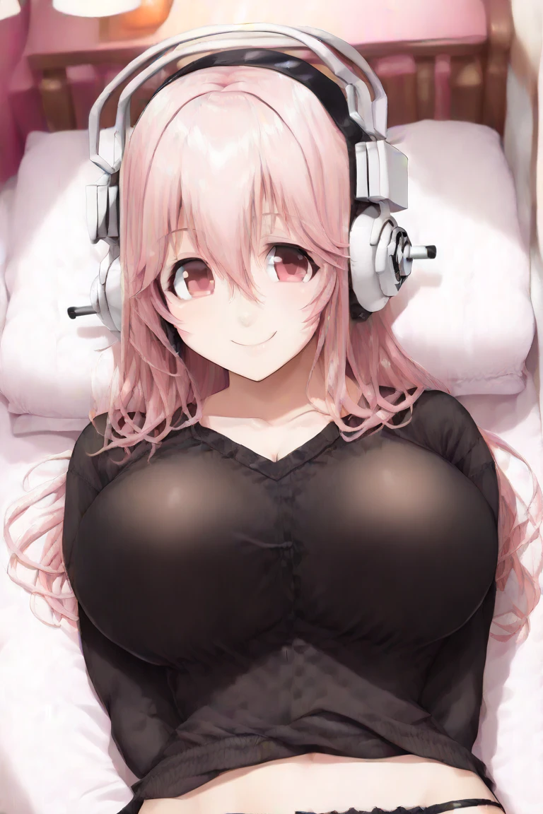 (Highest quality:1.2, animeスタイル, anime:1.2, Very detailed, Latest, Vibrant, digital coloring, High Contrast, masterpiece:1.2, Highest quality, Best aesthetics), (((supersonic, Super Sonico:1.2, 1 Female))), Pink Hair, Long Hair, Gradient Hair, Reddish brown eyes, huge Breasts, Silver_Headphones, white lace bra, white lace panty, necklace, Beautiful thighs, smile:1.2, Lie down on the bed, Bedroom view, Cowboy Shot.