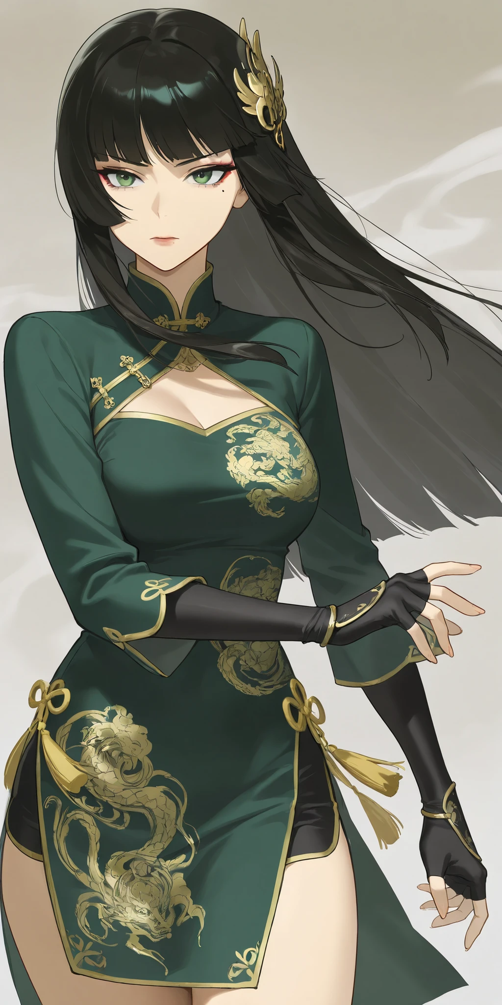 Xianyun (of the game: genshin impact), 1 woman, sideways walking through liyue, wearing her dress mixed between black and green revealing tight fitting elegant, Whole body (curved), long hair tied in a black and green ponytail, fine and delicate and beautiful face, green eyes, thin lips with green lipstick, style h anime 