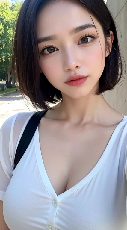 Highest quality、Japanese women、The most beautiful woman in the world、sexy、Blue-black hair color、Short Hair Style、Small face、Beautiful skin、night、Large breasts、Realistic、White T-shirt、