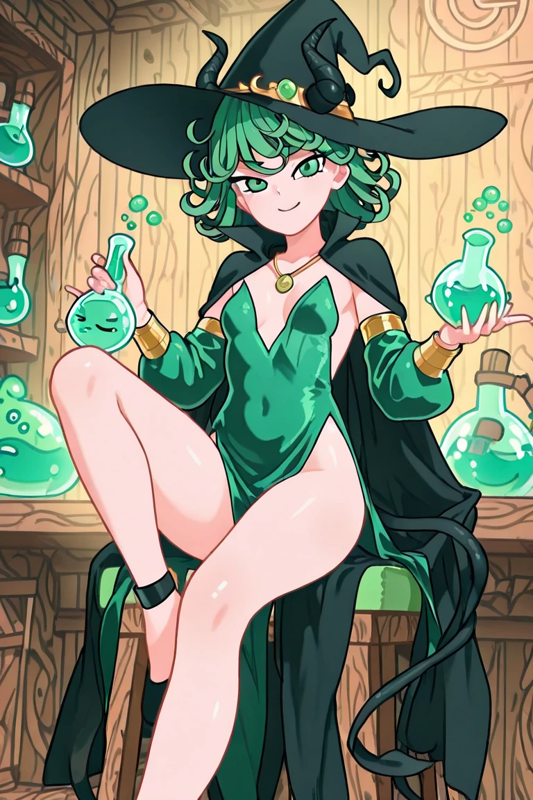a femboy, Long hair, green hair, Red eyes, Skinny body, small cock, purple witch hat, sexy witch costume, holding a magic jar, seeing the magic phrase, in a small wooden cabin 