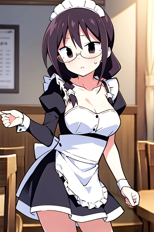 ((1girl)),((alone)),komi shouko,(masterpiece), (best quality), (ultra detailed), (best illustration), (best shadow), (absurdities), sharp focus, cowboy shot , dynamic pose looking at the viewer, large breasts, narrow waist, wide hips, medium thighs, round butt, dynamic posture, long hair, black hair, purple eyes, glasses, black dress, maid's headdress, opening in the chest, style sleeves Juliet, puffed sleeves, white apron, pantyhose, shoes, calm look, closed mouth, serious expression, (sexy pose: 1.2), ((alone)), standing: 1.3, Indoor, cafe, tables, bar, sunset , looking forward, ((focus on breasts)), point of view (from middle), red blush, perfect anatomy, perfect hands.
