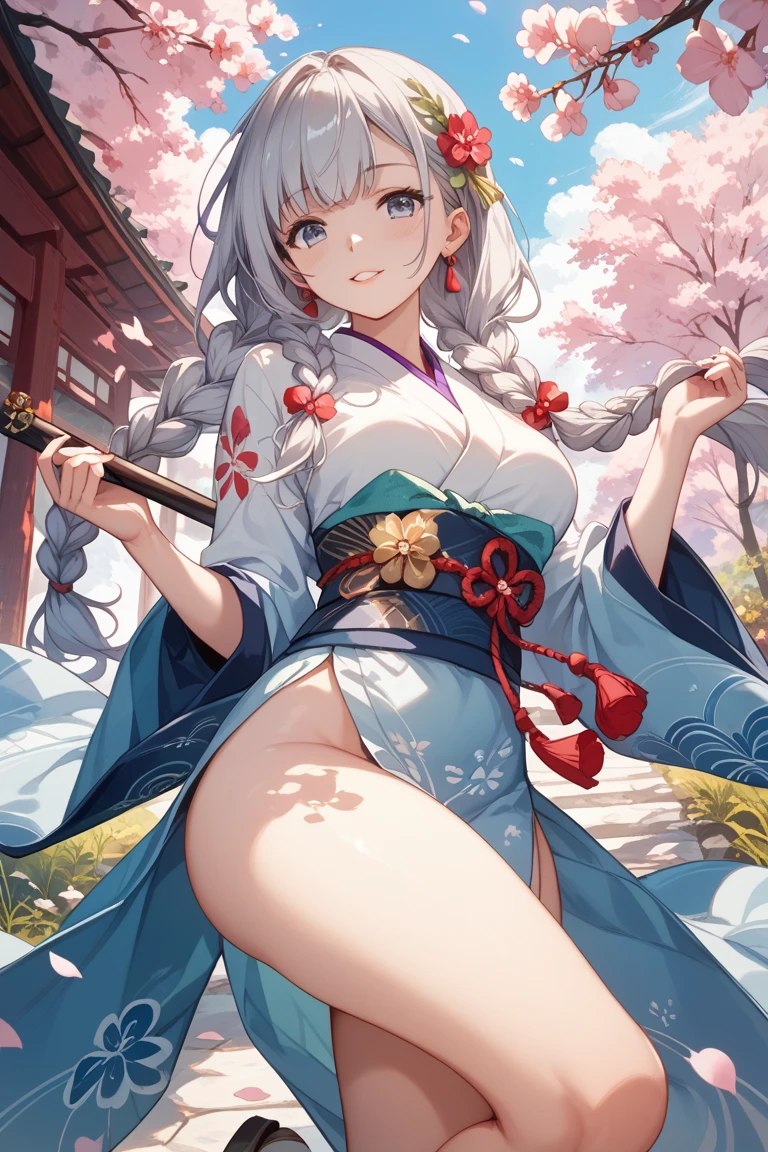 Masterpiece、Highest quality、Super detailed、Fluffy and soft long hair、Gray Hair、Diamond Eyes、Big Tits、Too big breasts、Shrine maiden、Mysterious Shrine、Starry Sky、Fox ears and tail、smile、Belly button