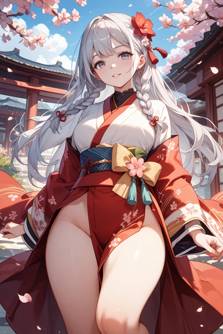 masterpiece, best quality, finely detailed, maximalist, by artgerm, 8k anime artwork, 8k photo, trending on artstation. A 20-year-old beautiful chubby girl adorns a striking white and red long-closed qipao, her face accentuated with strong pink makeup. Her silver blue eyes, detailed with elegant highlights, gaze seductively at the viewer, framed by a long white ponytail that cascades down to her waist. A light and transparent veil filled with charm and seduction supplements her hairstyle, adding an extra layer of allure.
Set amidst a cherry grove on a late spring