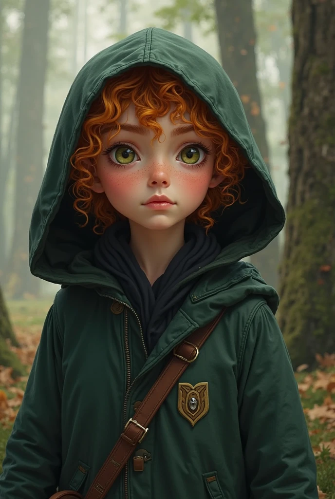 A 12-year-old boy who is a ghost in a fantasy world. He has pale skin but his veins stand out as dark lines. He is a redhead., curly and his eyes are black. Wear a brown coat and a cape with a hood.