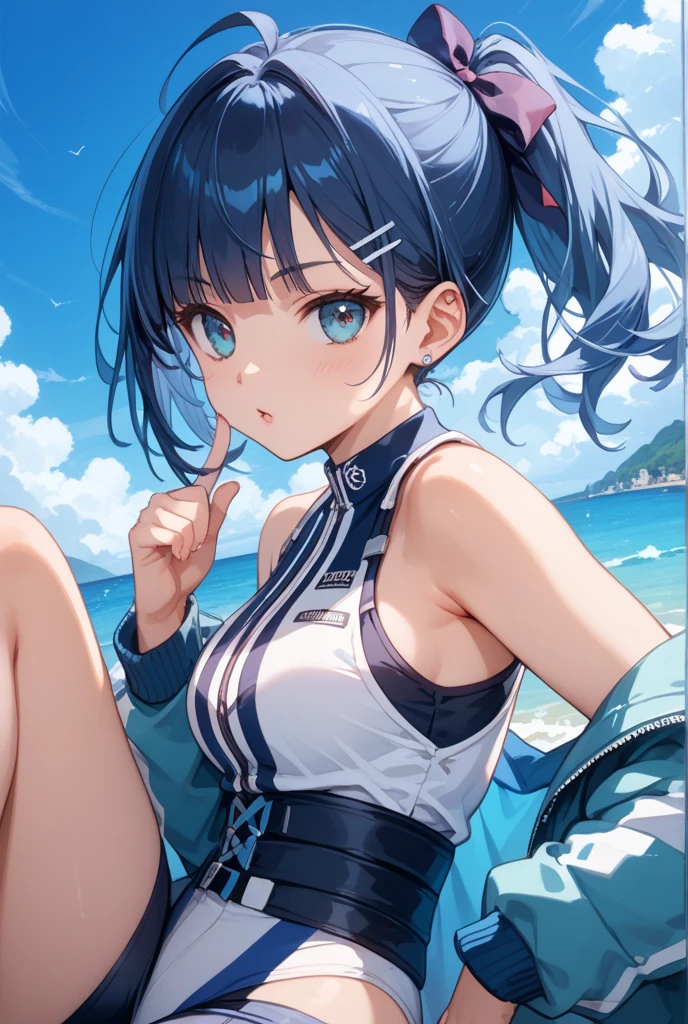 sarashiki kanzashi,1girl,solo,short hair,blue hair,red eyes,glasses,bangs,medium hair,
BREAK (pantyhose under shorts, , seamed legwear, shorts, shoulder boards, swept bangs, wide sleeves:1.2),
BREAK (outdoor,Blue sky,White cloud,beach,shore,seawater:1.2)
BREAK eyes rolling, tongue sticking out, with tongue, crazy, open mouth, screaming, ahegao, heavy breathing, blush, sweat,
BREAK (masterpiece:1.2), best quality, high resolution, unity 8k wallpaper, (illustration:0.8), (beautiful detailed eyes:1.6), extremely detailed face, perfect lighting, extremely detailed CG, (perfect hands, perfect anatomy),