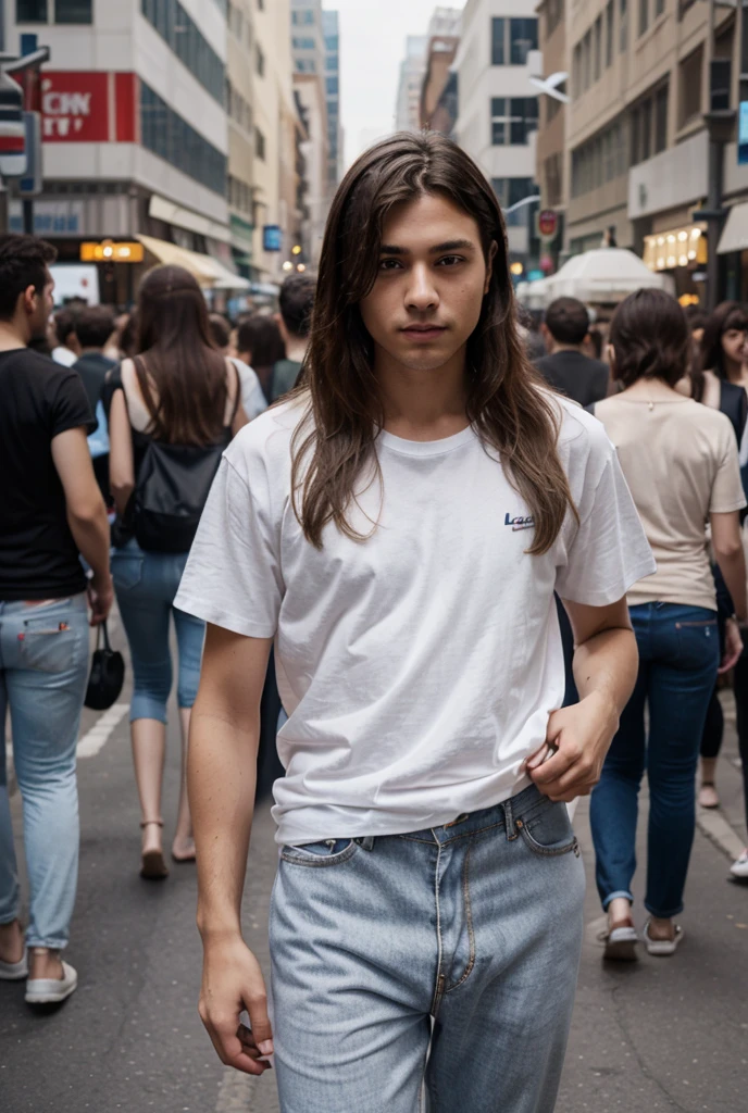 1boy, short black hair, blue eyes, wearing plain white shirt, black jeans, city, absurdres, high res, ultrasharp, 8K, masterpiece, looking at viewer, anime character