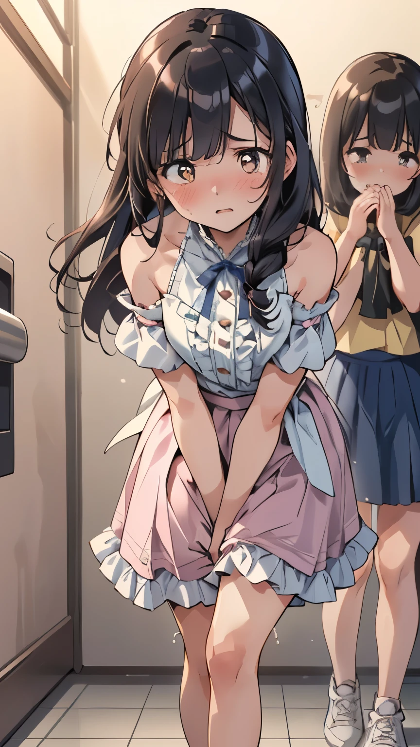 (ultra-detailed, best quality, anatomically perfect body), (medium, small breast:1.4), (parted lips:1.6), shiny skin, (1 girl), (have to pee, very desperate to pee, want to pee:1.2), (street, arrived at toilet:1.2), (standing), (dress:1.3), (long skirt:1.8), (tights, flats, ponytail:1.3), (knees together and feet apart:1.2), (Rub each other's thighs:1.5), (hand between legs:1.2), (leaning forward), (hold the pussy:1.8), (blush:1.7), (embarrassment), flowing sweat, (impatience:1.5), (breathless:1.4), (thin eyes, looking away:1.5), (full body), (from side)
