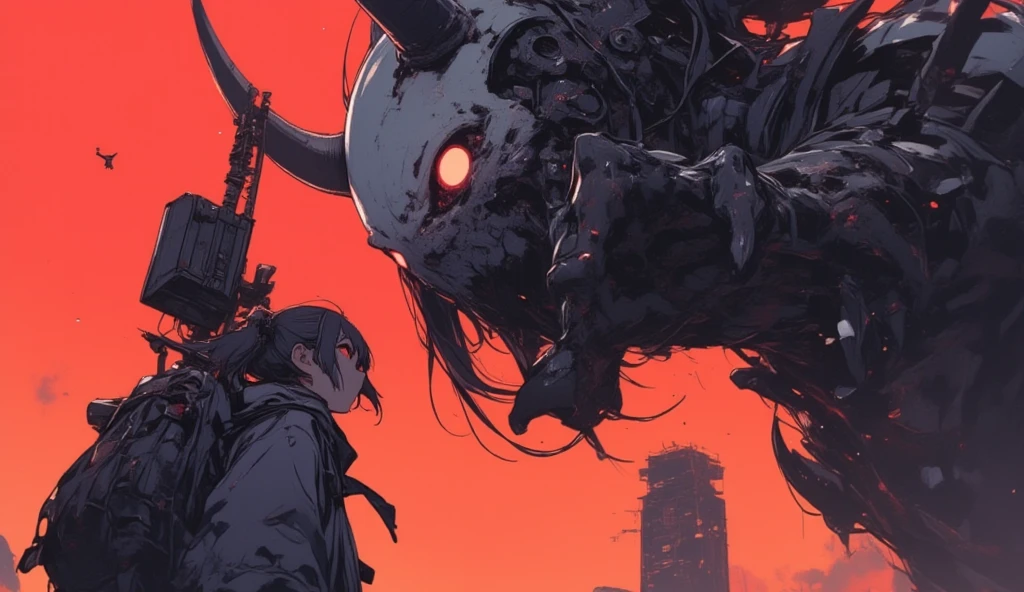 Kaonashi image, background: A huge metallic black monster with a white mask points its hand at the girl, foreground: girl carrying backpacks in a fighting stance, dreamlike anime, details. anime. Delicate drawing details, ultra-precise miniature drawing, fire-colored background