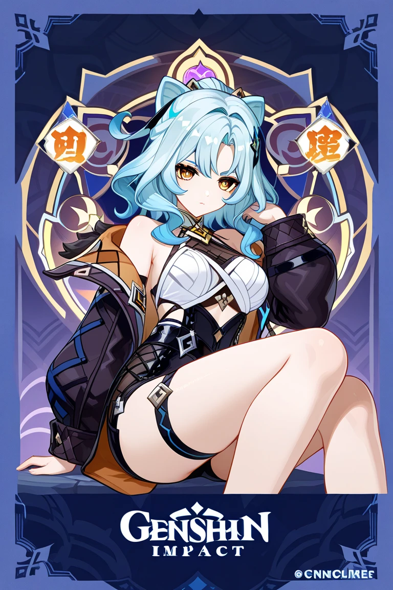 best quality, masterpiece, highres, solo, {ling_arknights:1.15}, blue_hair, horns, long_hair, dragon_horns, pointy_ears, very_long_hair, blue_eyes, breasts, jewelry, earrings, smile, necktie, braid, bangs, dragon_girl, yellow_necktie, multicolored_hair, large_breasts, tail, dragon_tail, parted_lips