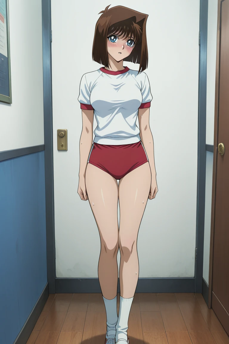 One Girl, alone, whole body, In-person audience, View your audience, smile, I401KC, Brown Hair, Short ponytail, White shirt, Sleeveless,One piece swimsuit, Bare arms, Sleeveless shirt, headgear, School Swimsuit, Sunburn, Sunburnlines, Wear a swimsuit under your clothes, Sailor shirt, Orange sailor collar
