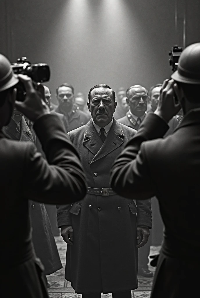 (best quality, high resolution, candid:1.3), Alfred Hitchcock, legendary director, (engrossed in directing a concentration camp documentary:1.2), black and white setting, somber atmosphere, interacting with the film crew, giving instructions, deep in conversation, capturing the behind-the-scenes moment, equipment and cameras set up, focused crew members, dedication and professionalism, intense emotions, powerful storytelling, capturing the gravity of the subject matter, capturing the essence of history in the making.