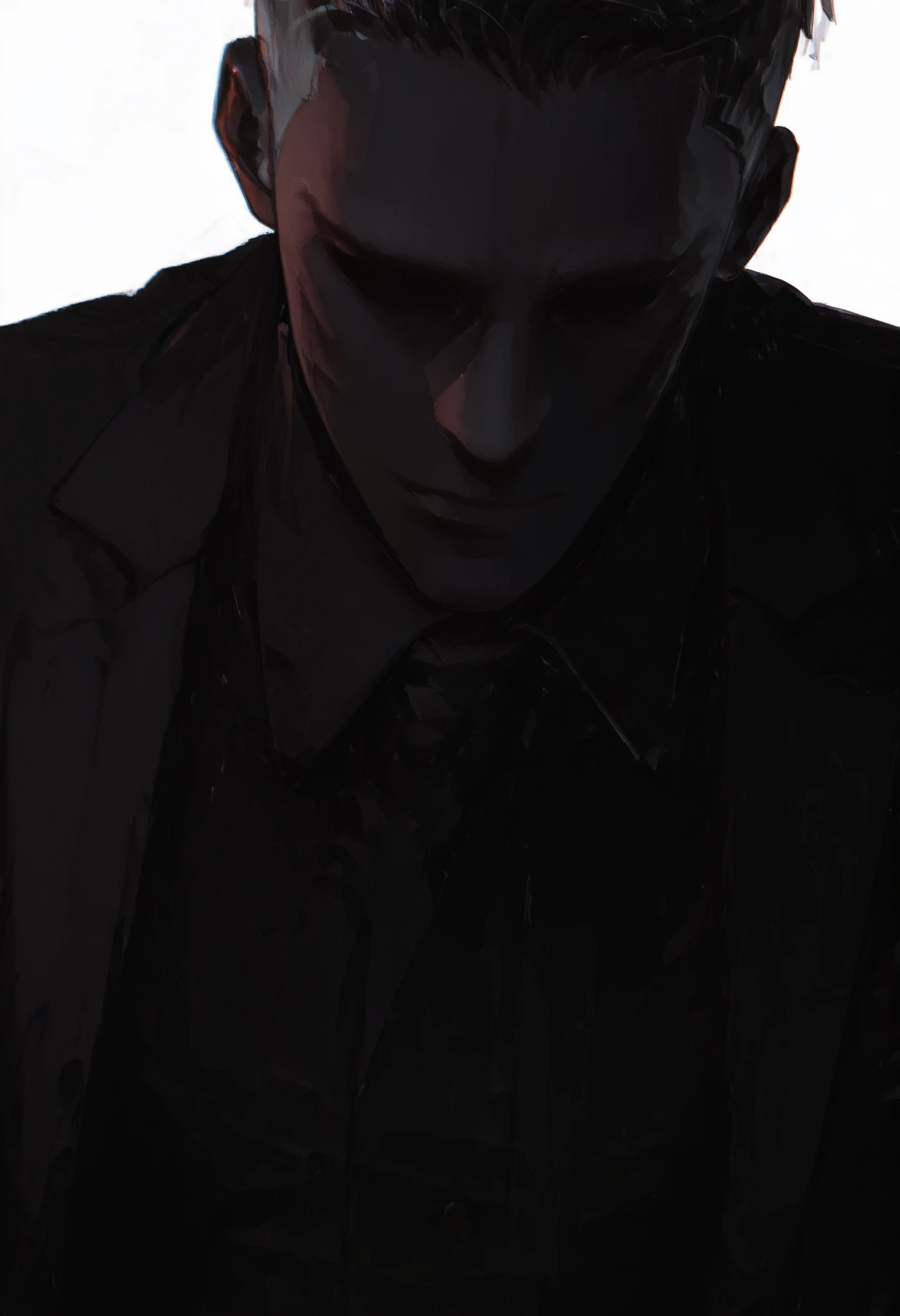 close-up portrait, solo, a tall and muscular man wearing a sleek black suit. His entire head is completely shadowed in black, white background. dark face, noface, no eyes, no noise, no mouth, no face sharp