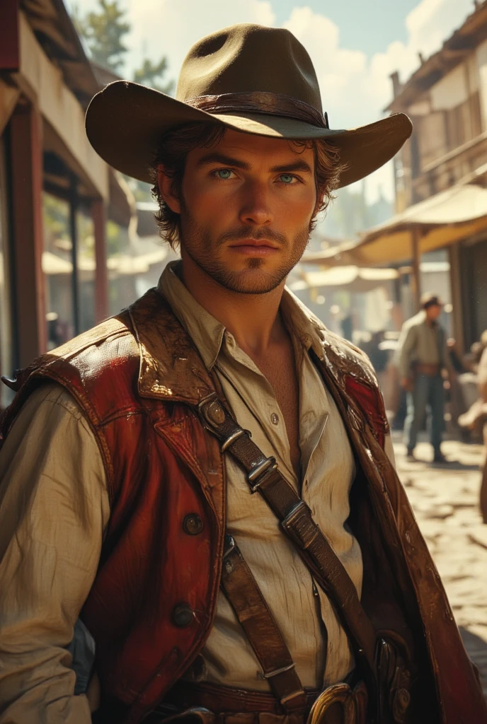 Gunfighter, young american man, full body shot, detailed face of Luke Skywalker from Starwars but like Wild West in 1750 year, western movie style, at the street of small town, athletic physique, ((brown-red vintage clothing:1.5)), cowboy hat, bright skin, short bright hair, detailed intense blue eyes aggressive look, western cinematic, cannon 6d, faded soft colours, vintage aesthetic
