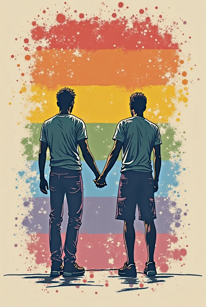 two athletic young adult men sharing an intimate moment on a farm, wind gush, short hair, silhouette, vibrant rainbow neon color, English countryside, vegetation, illustration, cartoon, highly detailed, high quality,