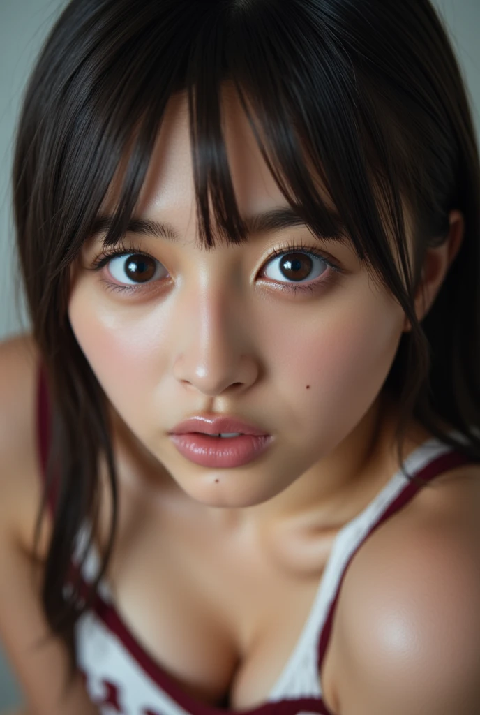 A cute Japanese woman sticking out her tongue, (tongue out:1.3), blush, looking at viewer, close-up