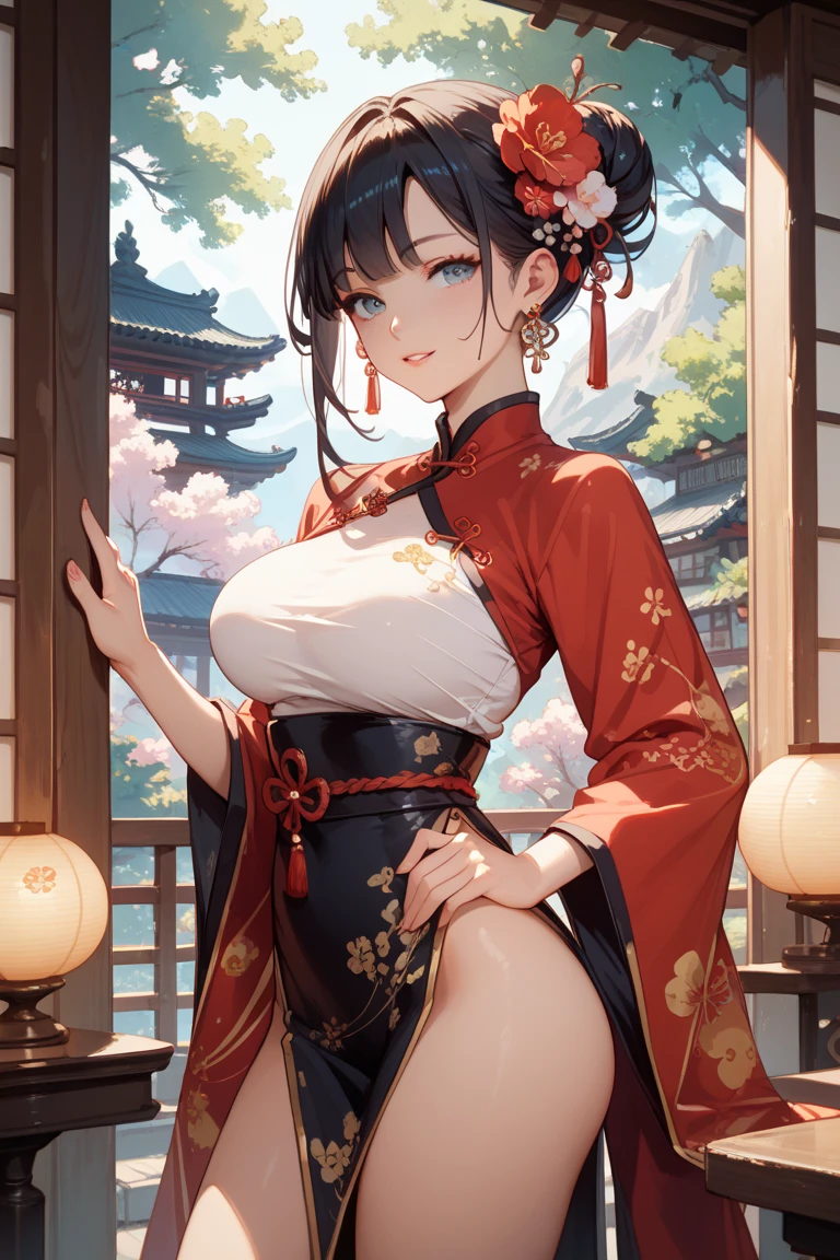 (unparalleled masterpiece, ultra realistic 8k CG, perfect artwork, perfect female figure,dramatic shadow,ray tracing),
( spotlight,perfect lighting,detailed light,dramatic shadow,ray tracing),
(mature female, milf, an extremely delicate and beautiful:1.2),
(seductive posture, implied,clothed,((large breasts:1.1)),(plentiful:1.3),(short hair:1.5),
wide hips, (ru_qun,ancient china background, china patterns, shawl, hagoromo, hanfu, detailed clothes,chinese pattern dress:1.2), (indoors + dark vibe + china courtyard + pavilion + peaceful + bridge + trees),