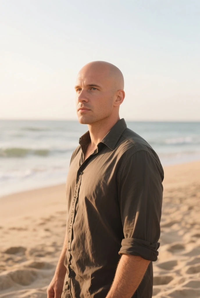 photography made with a DSLR camera d800 lens 1.8, speed 1300, realisitic, 30 years old man, walking along the beach, knee-deep in sea water, White shorts, blue social shirt, baldie, offwhite, in the background a horizon with mountains and a sunset, nblurry background