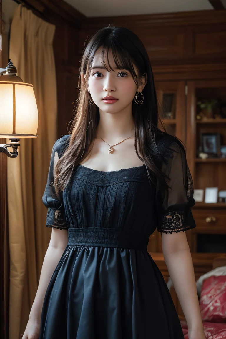 (Highest quality:1.4),(masterpiece:1.4),(Realistic:1.4),(Realistic:1.2),(超High resolution, RAW Photos:1.4),(High resolution, Ultra-detailed:1.2),(8k:1.2),View your viewers,Cinematic photography,One person,skeletally correct,Black-haired woman,Woman in her early 20s,(Small earrings,necklace,Gothic dress with lots of frills),(Western-style building interior,Dimly lit room,The lamplight shines on my cheeks,kneel)