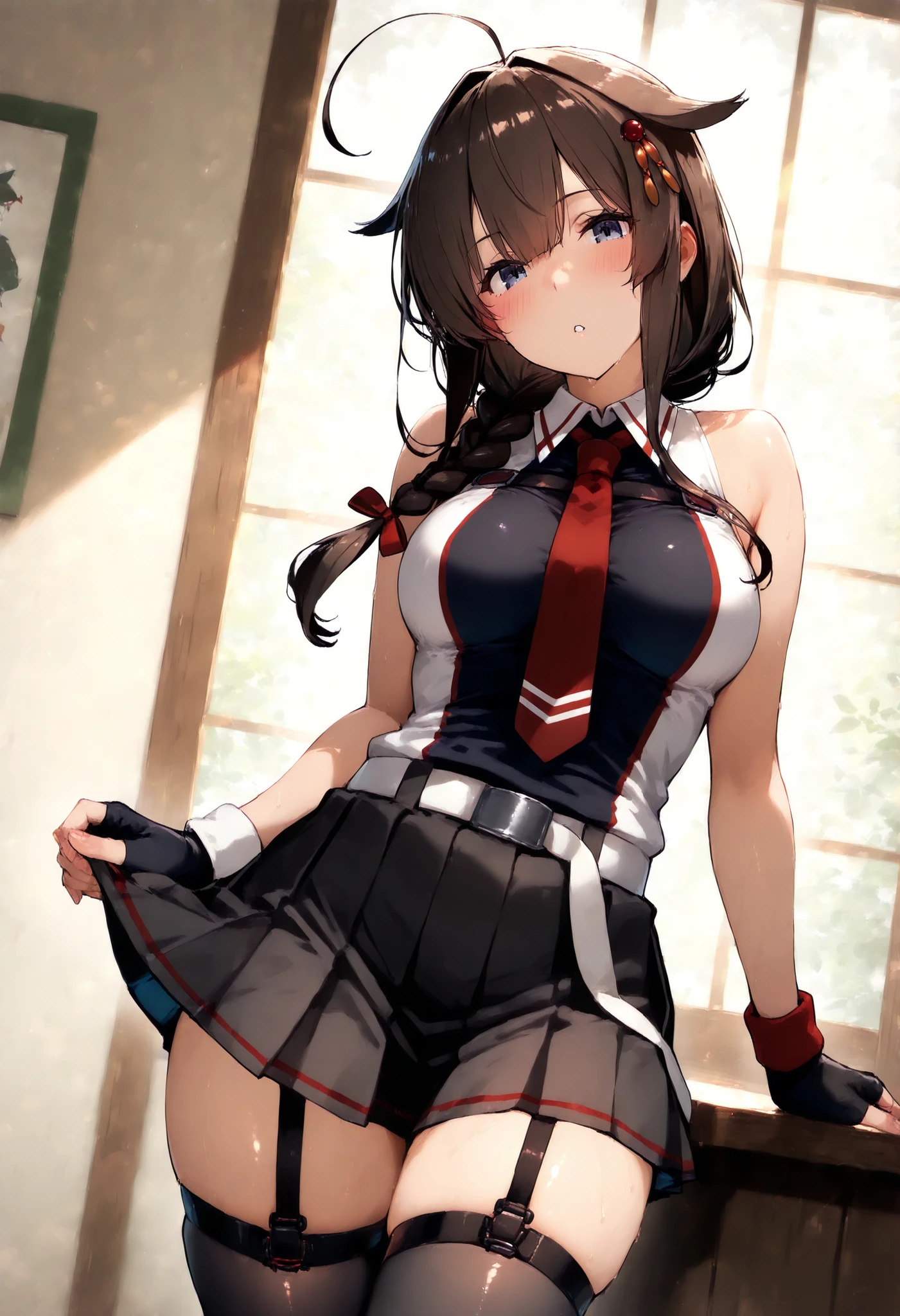 shigurekaisanKC,shigure_kai_san_(kancolle), long hair, brown hair, hair ornament, ahoge, pleated skirt, black gloves, black thighhighs, fingerless gloves, black skirt, sleeveless shirt, single braid, red necktie,two-tone shirt,hair over shoulder, hair flaps,white belt,medium breasts,thigh_strap,asymmetrical_gloves,garter_straps,