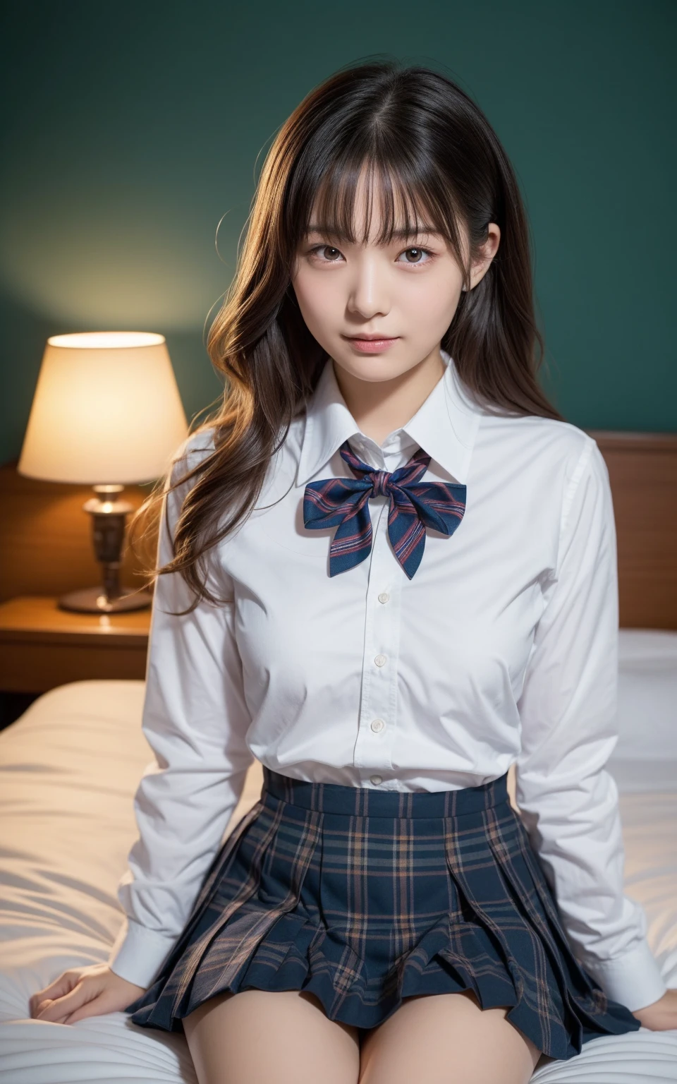 ((top-quality、masterpiece))、(Full body standing shot:1.4)、、(arms behind back,:1.4)(Surreal schoolgirl in schoolgirl uniform Japan:1.3), (White shirt short sleeves:1.2), (Thin bow ribbon:1.2)、(Short skirt 1.2)、(slender:1.2)、(small tits:1.2)、(masutepiece, Best Quality:1.2), 8K, 15yo student, 85 mm, Official art, Raw photo, absurderes,(Sadness face:1.3),(Sad face:1.3), (Frightened face:1.3)、 close up, Upper body, violaceaess, gardeniass, Beautiful Girl, School uniform, (Navy pleated skirt:1.2), (Sitting on a bed in a dark room:1.4), Looking at Viewer, No makeup, Skinny Fingers, Film grain, chromatic abberation, Sharp Focus, face lights, clear lighting, Teen, Detailed face, Bokeh background