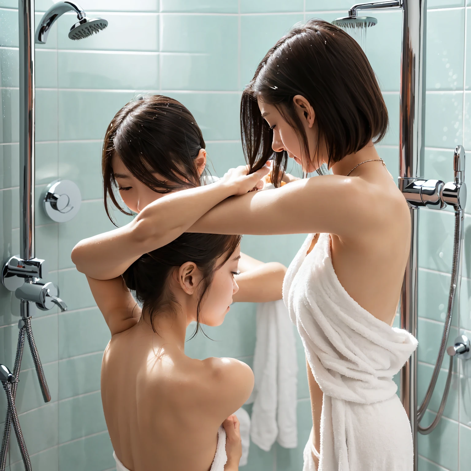 (((Sisters))),(((From below))),hot summer,naked,Cleavage,hibiscus,(((naked)))The thighs are a little thick、naked,Shorthair twin tails,Squat down and spread your legs,Polka dot panties,((((2people))))